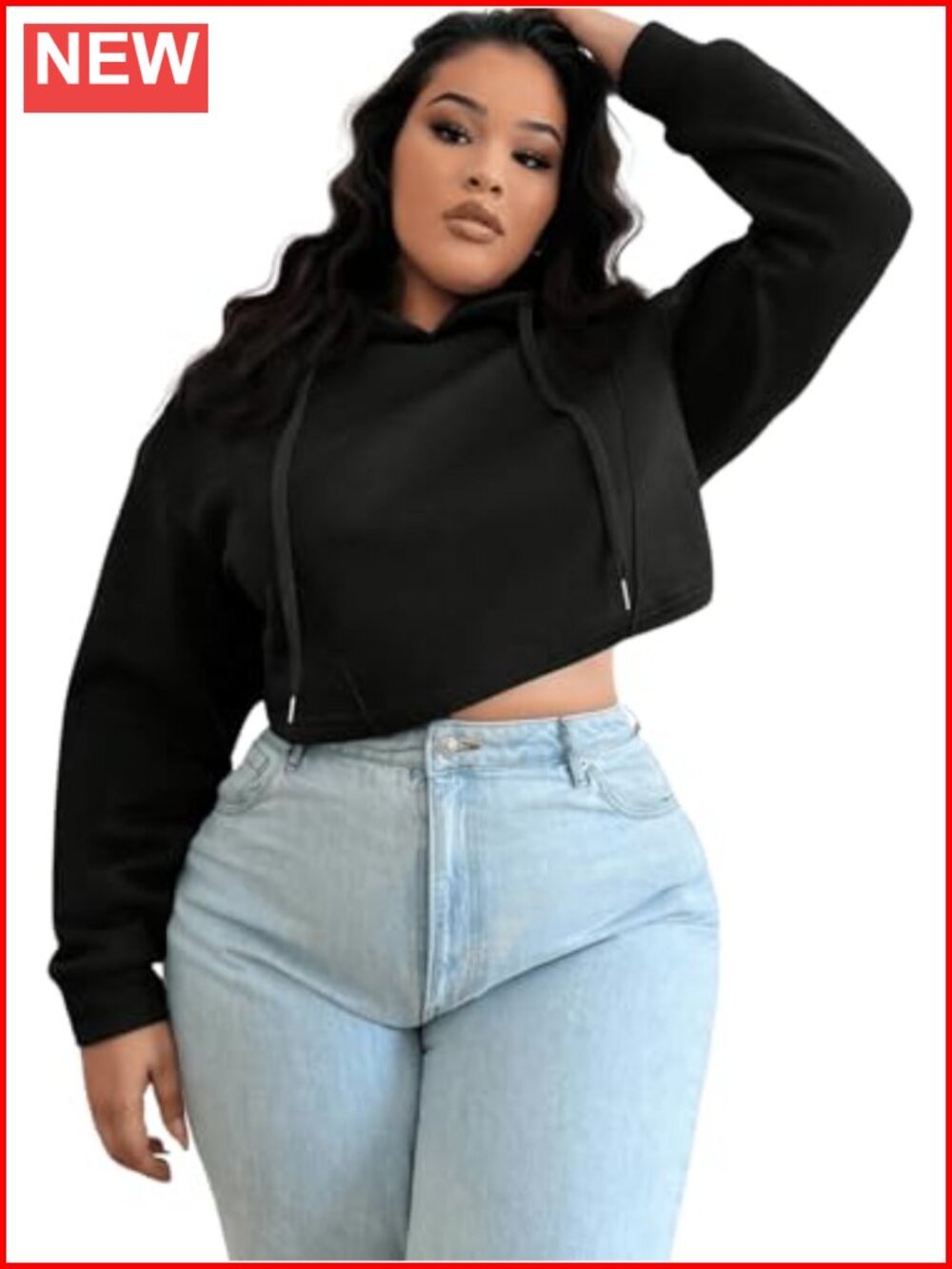 Plus Size Cropped Drawstring Hoodie Long Sleeve Drop Shoulder